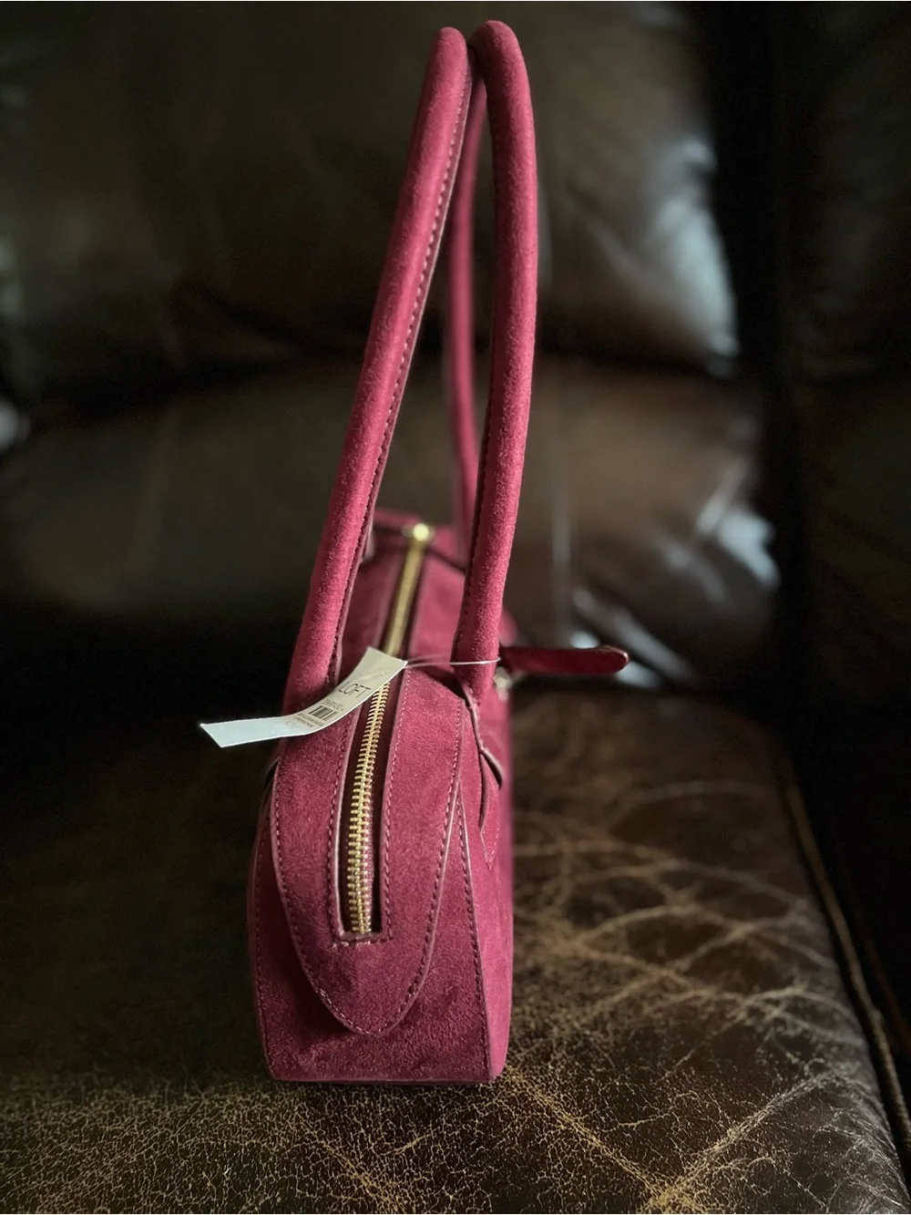 LOFT Wine Suede Satchel with Gold Hardware